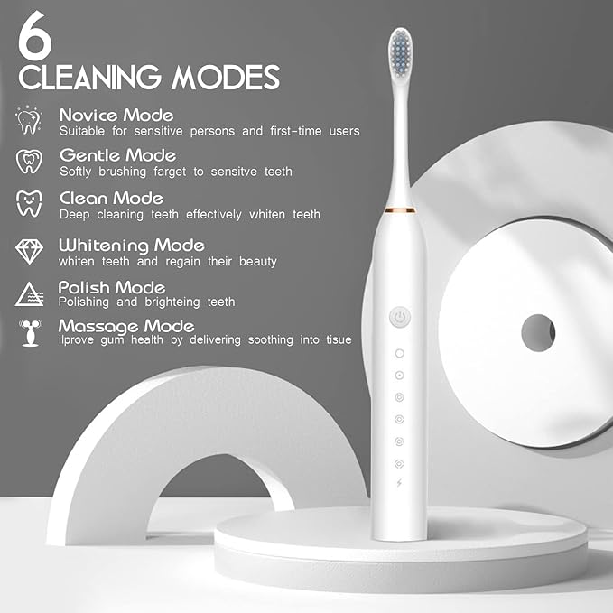 lectric USB rechargeable ultrasonic toothbrush with 4 heads, 6 modes, waterproof