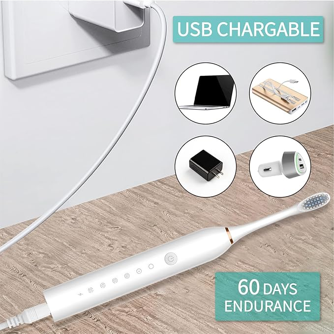 lectric USB rechargeable ultrasonic toothbrush with 4 heads, 6 modes, waterproof